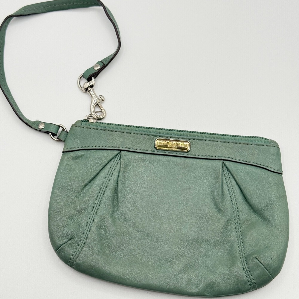 Coach Leather Wristlet Pouch Bag Green Silver Tone Hardware